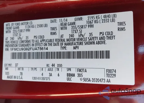 2015 Ford Escape Se z USA, uszkodzony, nr VIN 1FMCU9G92FUA75614